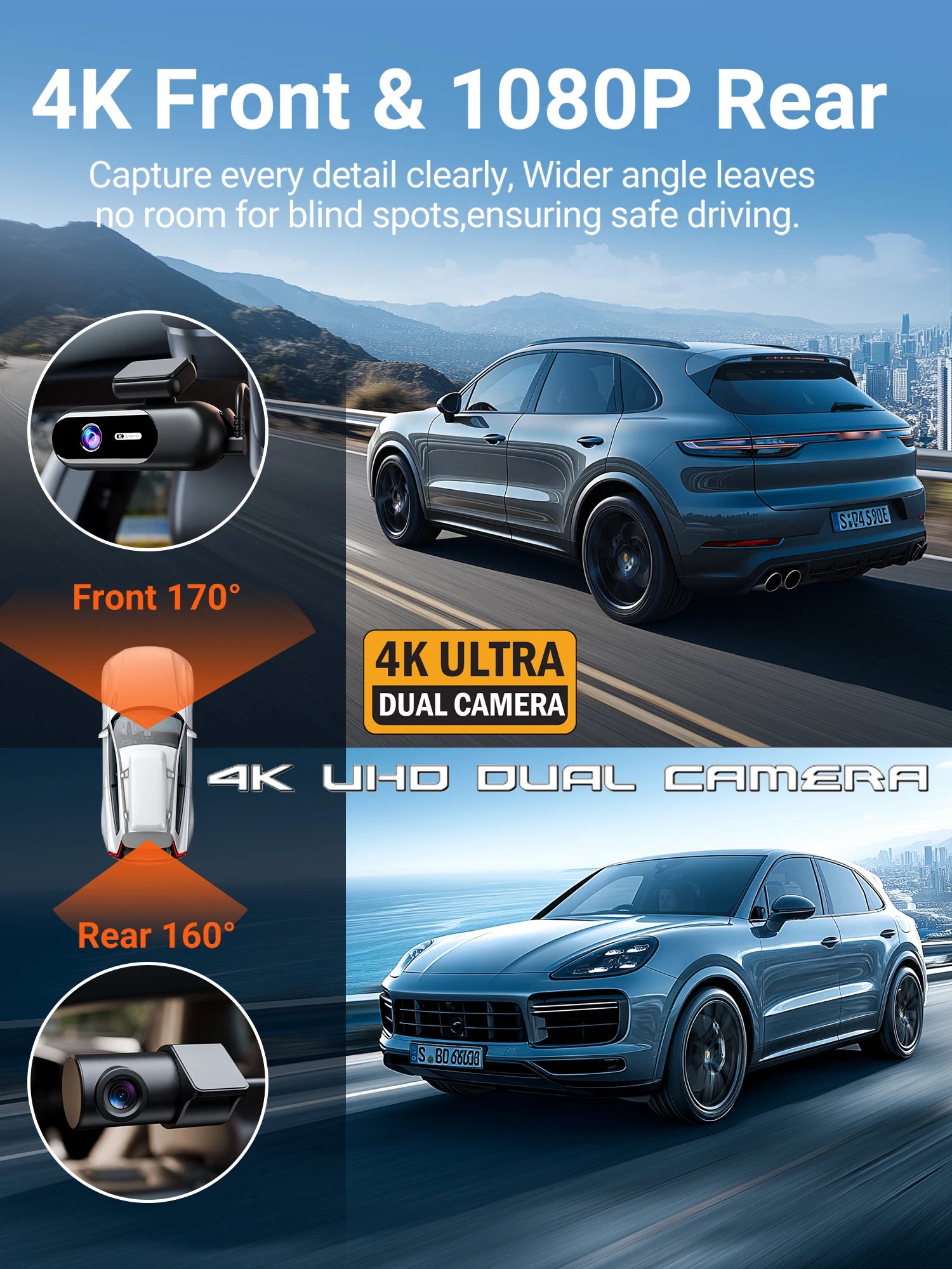 Dash Cam for cars 4K UHD Recording Front Rear Car Camera HDR Night Vision