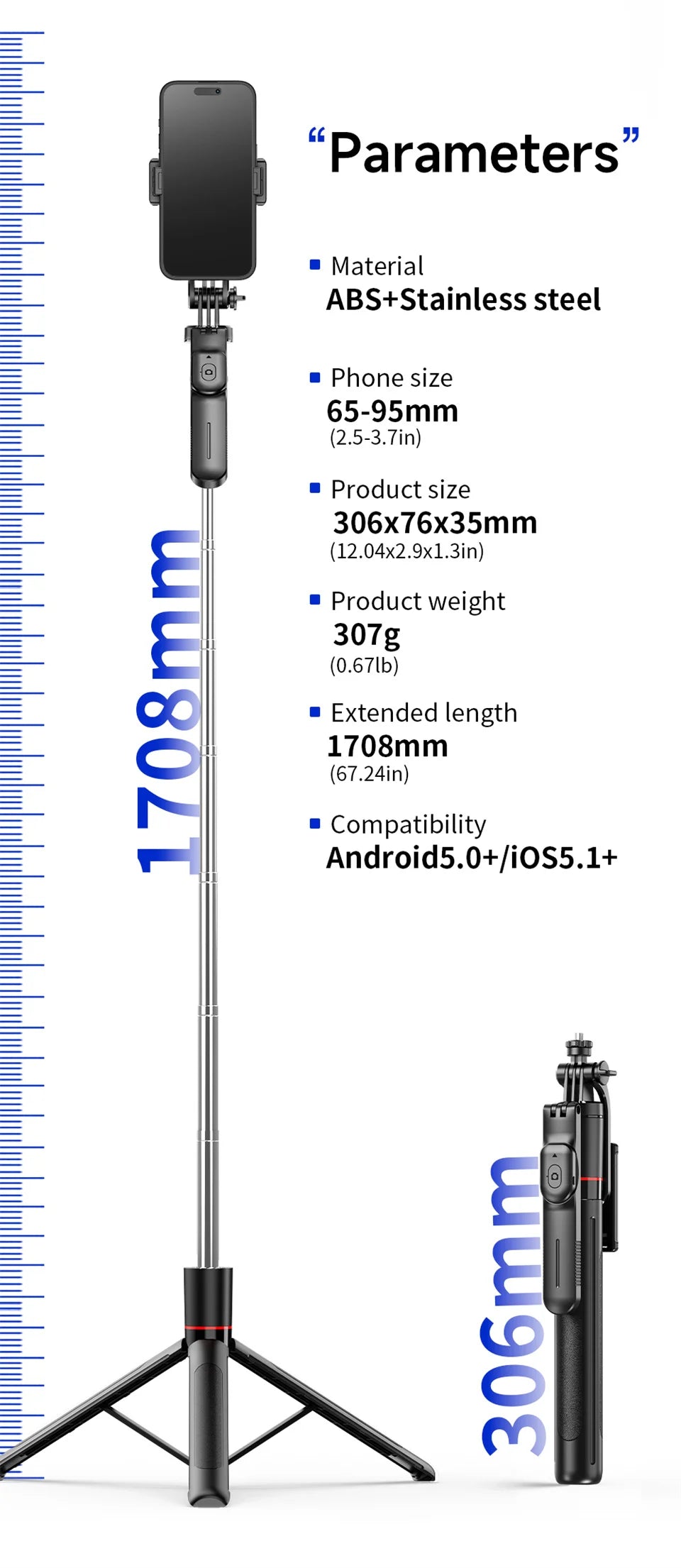 Selfie Stick Tripod with 1708mm