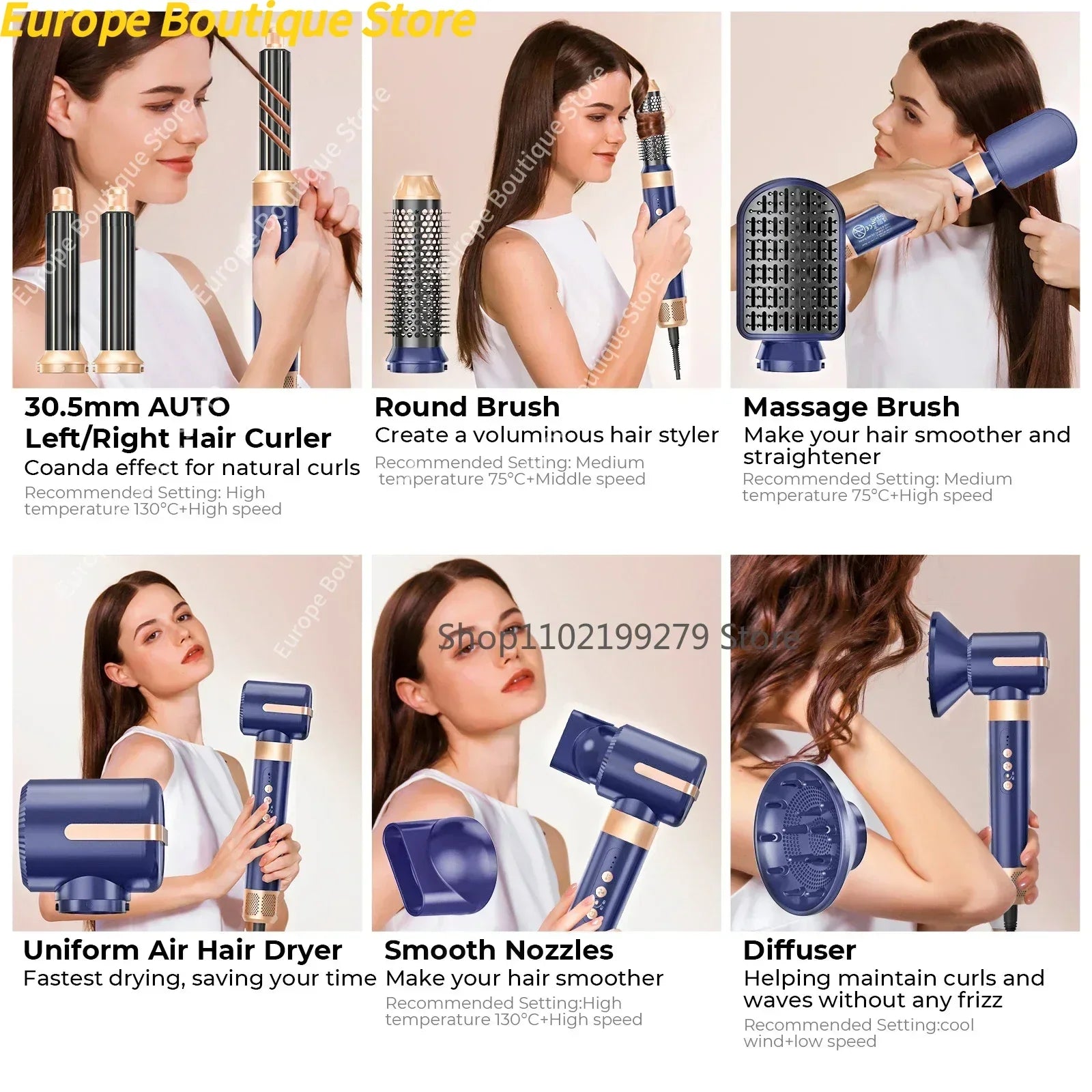 7 In 1 Hair Dryer Brush Brushless High Speed Hair Dryer with Diffuser