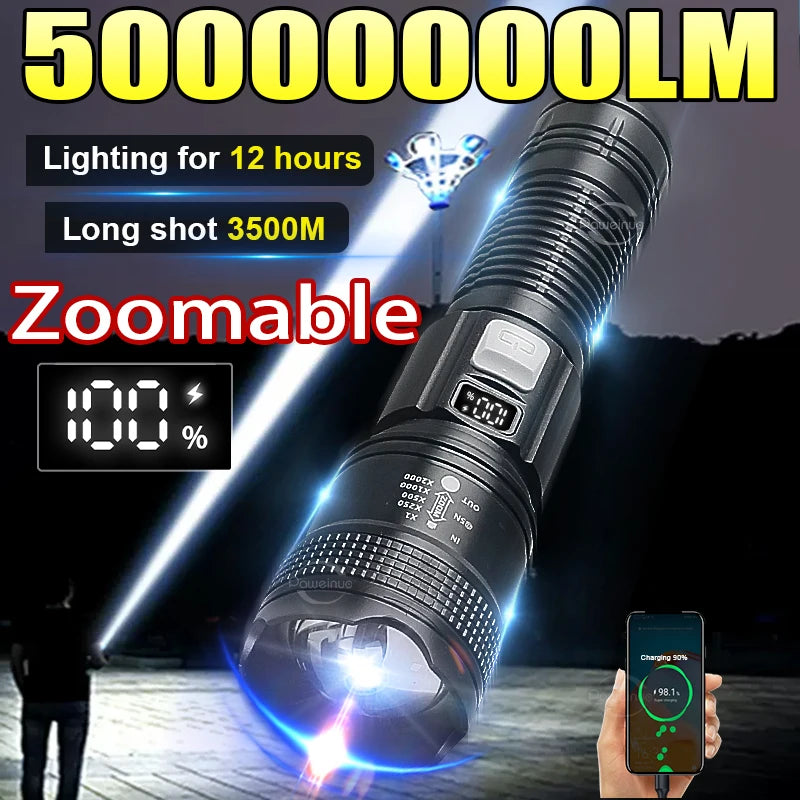 50000000LM High Strong Power LED Flashlights Tactical Torch Display Light USB Charging