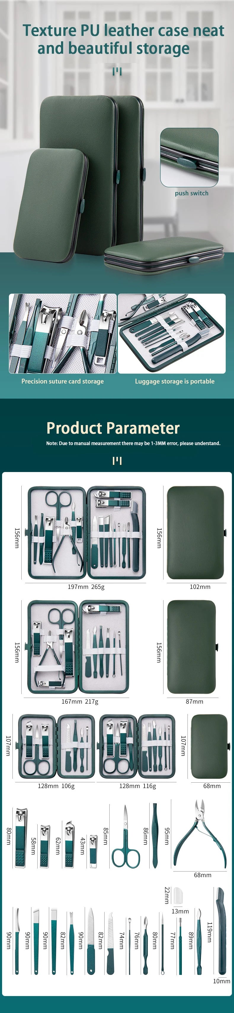 Professional 7-18 Piece Nail Care Kit Stainless Steel Manicure