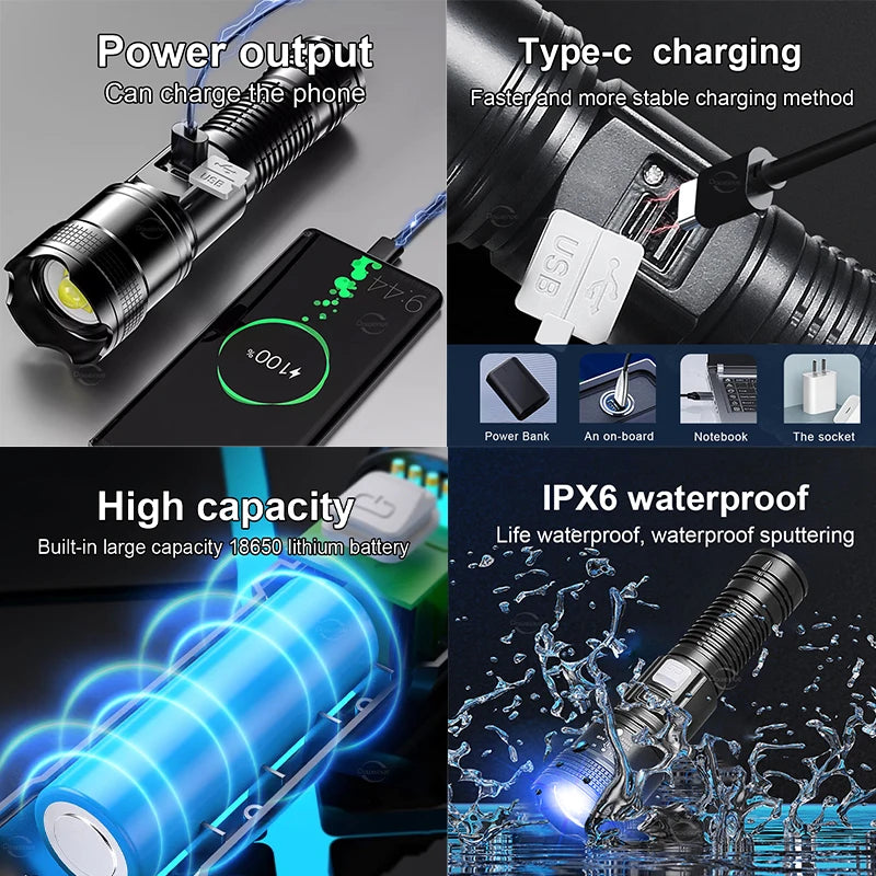 50000000LM High Strong Power LED Flashlights Tactical Torch Display Light USB Charging