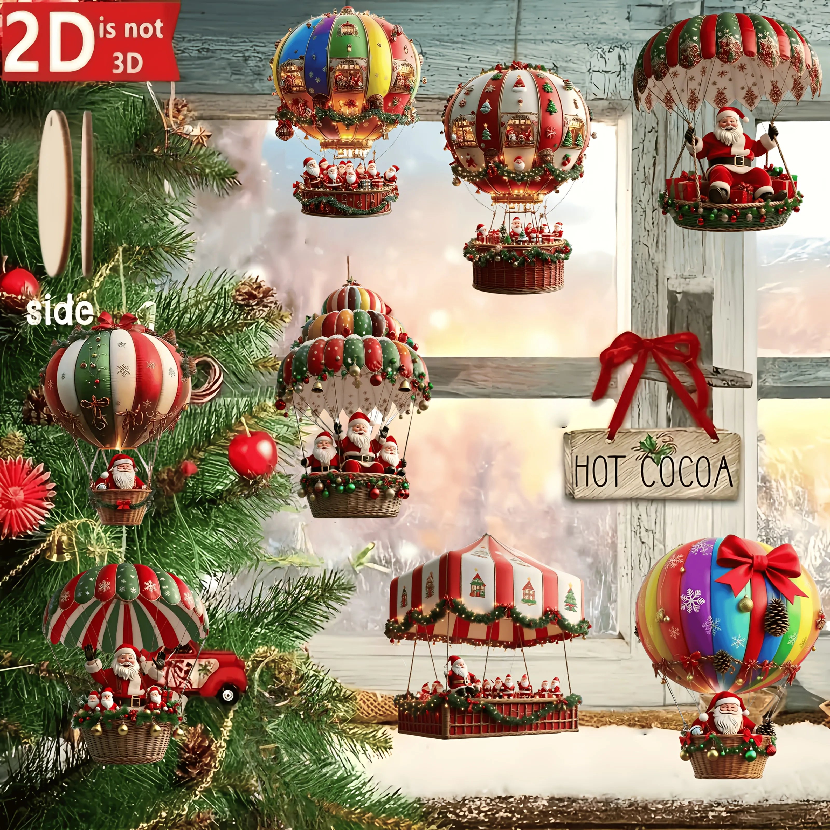 10Pcs Christmas Wooden Hot Air Balloon Santa Claus